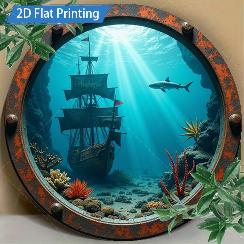D Flat pc of X Inch Metal Artwork Featuring an Underwater Pirate Ship Scene Designed As a Rustic Wall Decoration This D