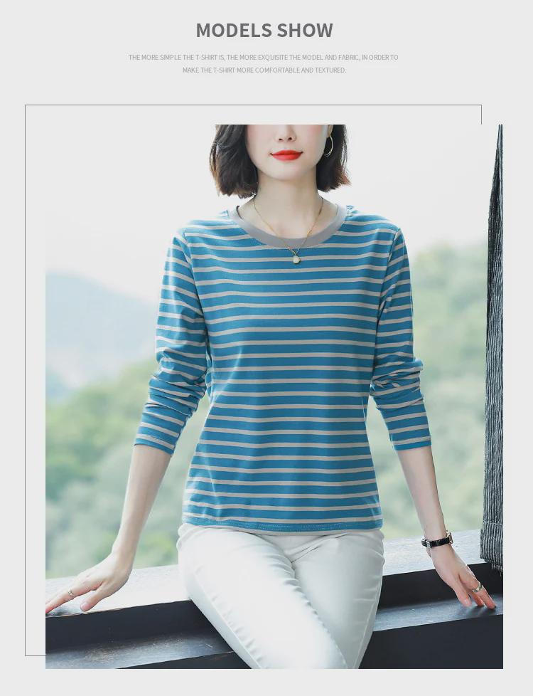 Plus Size Loose-Fit Cotton Striped Long-Sleeve T-Shirt for Middle-Aged & Elderly Women