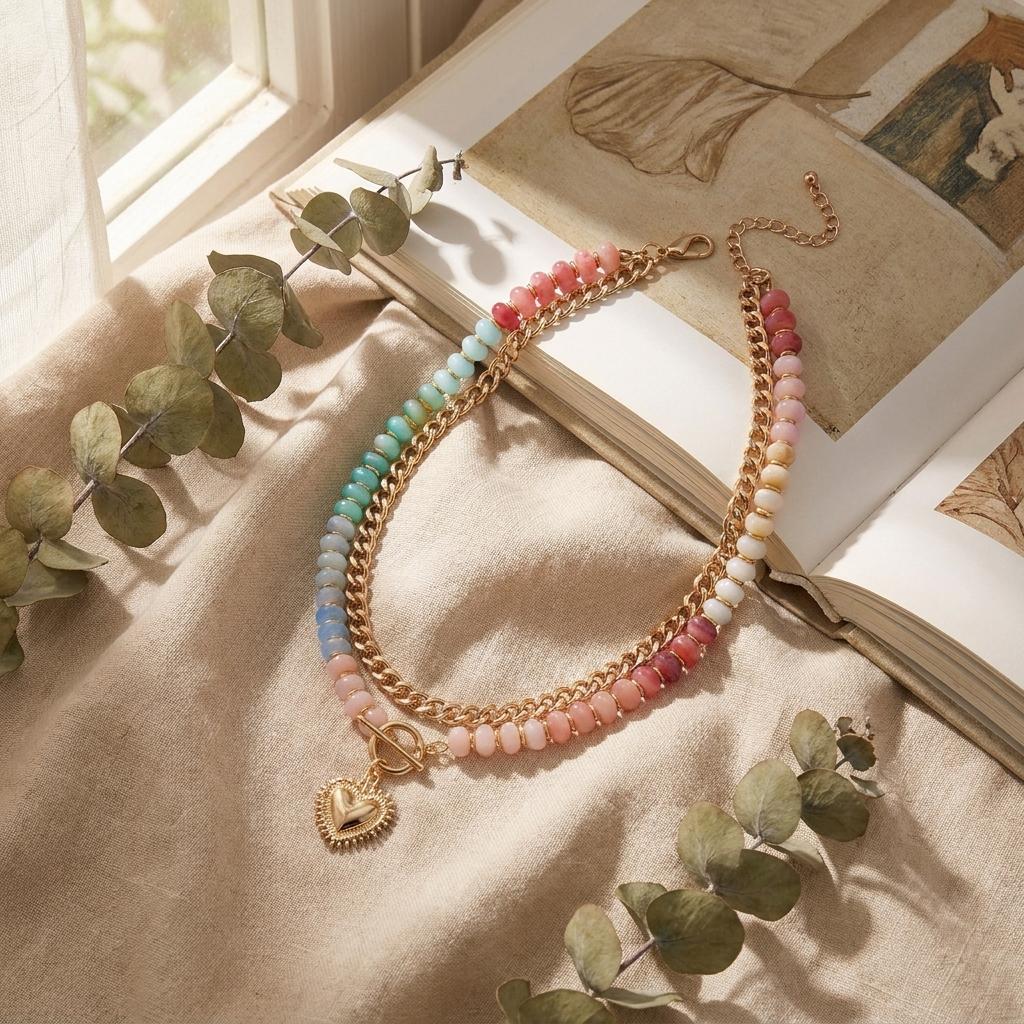 Colorful Dopamine Beaded Layered Necklace For Women Boho Heart Pendant OT Buckle Cuban Chain Chunky Choker Party Holiday Jewelry