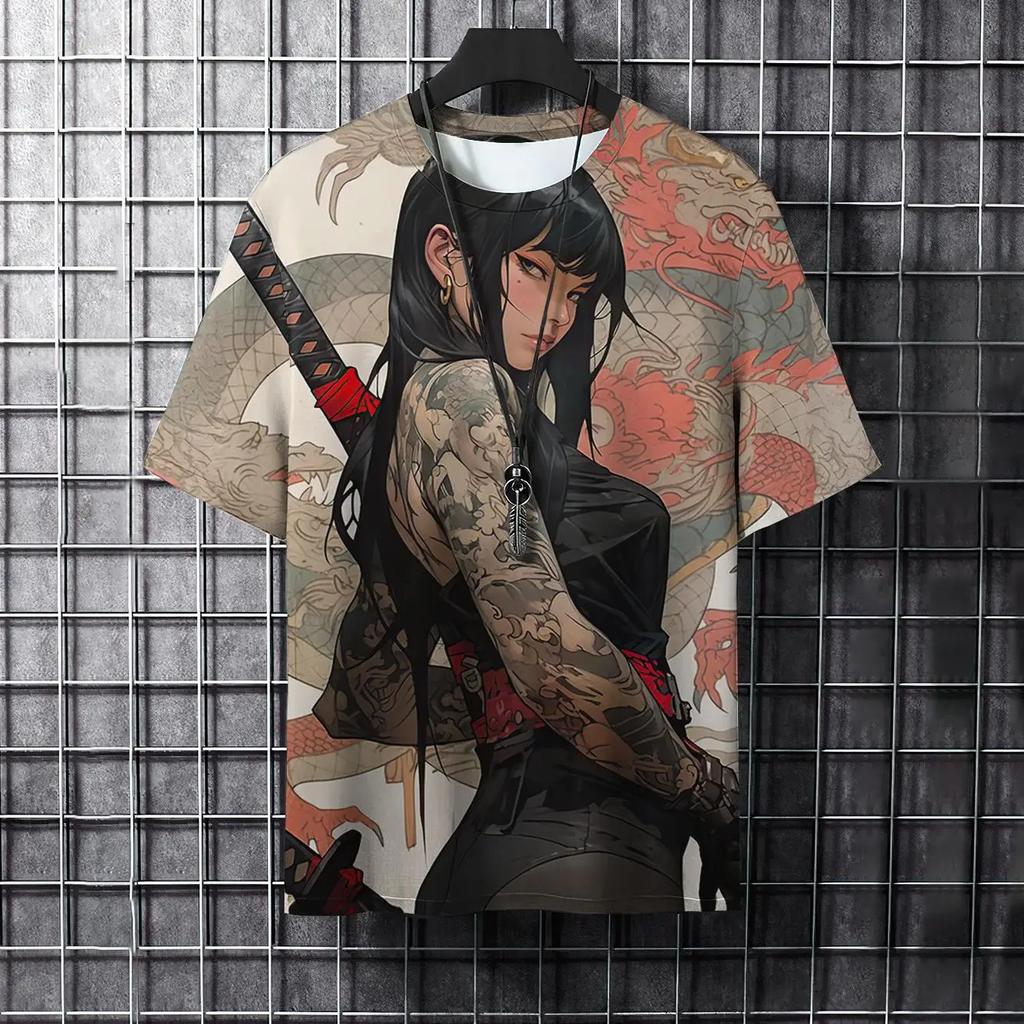 Léto Muži Móda Cool Samurai Tattoo trička s grafickým vzorem Trend Neformální streetwear harajuku 3D tištěný Hip Hop Trička s výstřihem do O