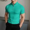 INCERUN Men Mockneck Short Sleeve Zip-up Rib Casual Fitted T-shirts Tops
