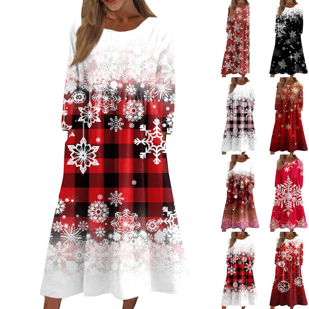 Dámské ležérní midi šaty s kulatým výstřihem a vánočním potiskem, s dlouhým rukávem a kapsou