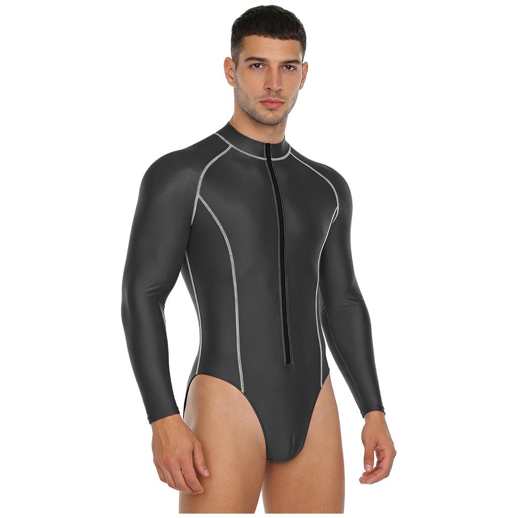 #M-4XL Mens Glossy Bodysuit Mock Neck Long Sleeve Front Zipper Leotard Jumpsuit Rash Guard for Beach Surfing Swimming Workout