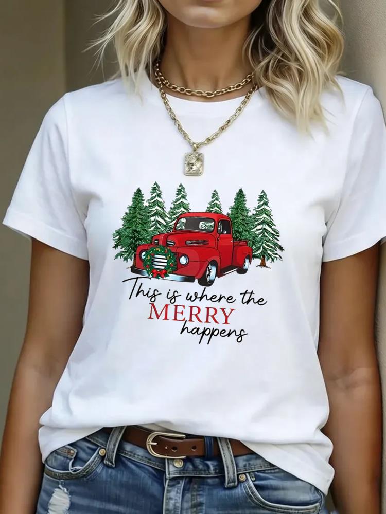 (Asian Size) T Shirt Print Casual New Year Short Sleeve T-shirts leopard Merry Christmas Fashion Women's Top O-neck Clothing Graphic Tee