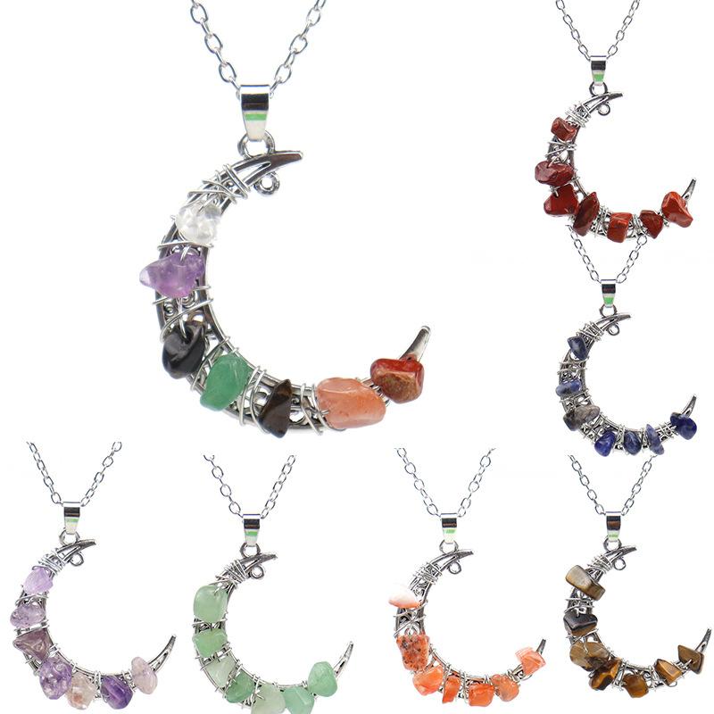 Vintage Handmade Colorful Beaded Gravel Crystal Amethyst Moon Pendant Necklace N551