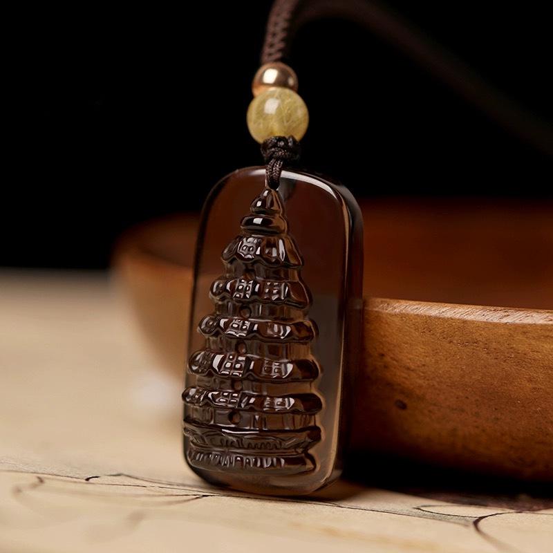 Natural Icy Obsidian Wenchang Tower Student Pendant Necklace