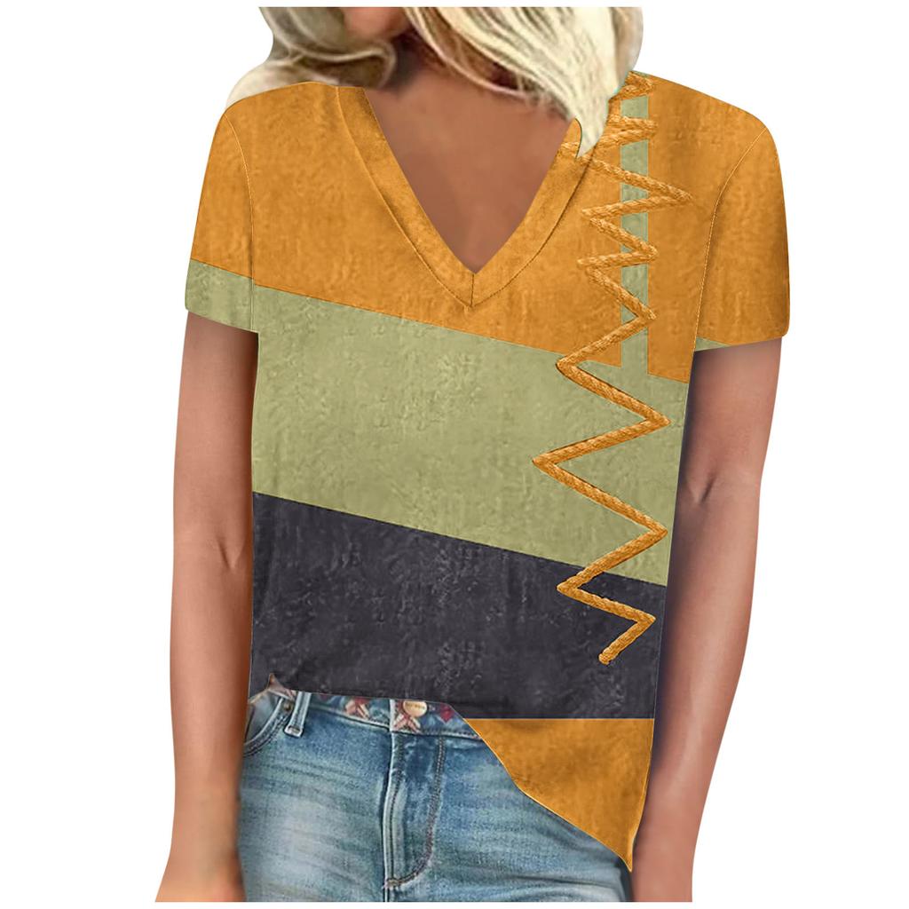 Summer Women's Casual Versatile Color Blocked 3D Printed Slimming Short Sleeved V-neck Short Sleeved T-shirt