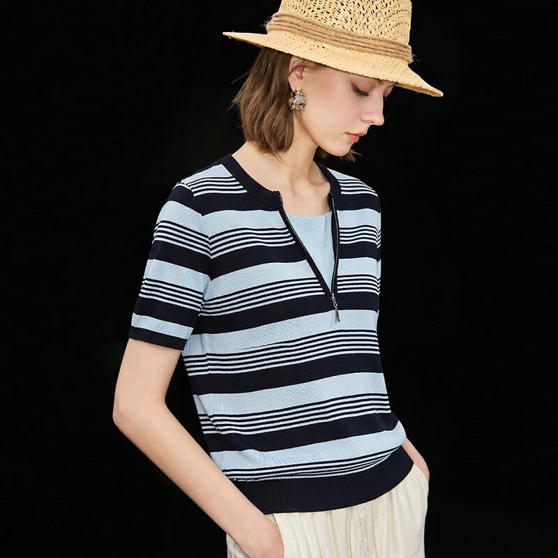 Wudao Old Money Style Striped Half-Zip Knit T-Shirt M