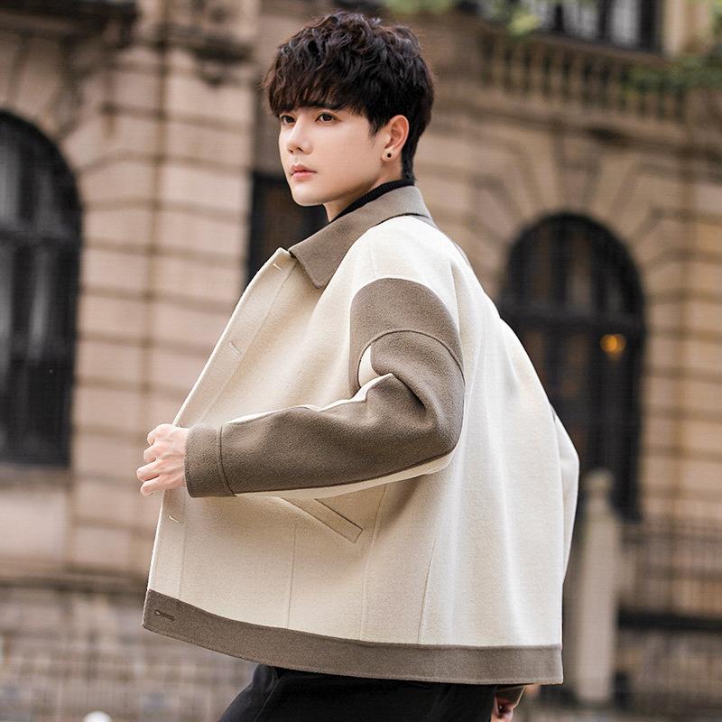 Splicing Double-sided Woolen Coat Short Men's Winter High-end Woolen Business Casual Jacket