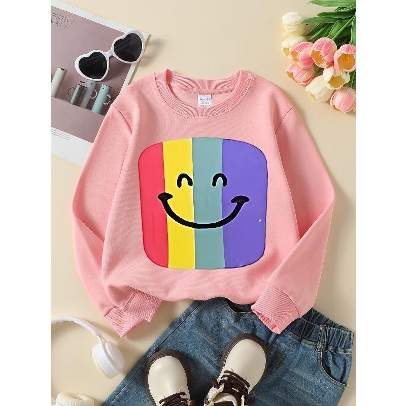 European sizes Kids' Crewneck Sweatshirt Colorful Striped Smile Face Pattern , Sportswear And Casual Wear, Soft And Comfortable, Children's Clothing