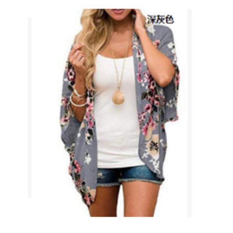 

YYFS Женская мода повседневная летняя весна цветочный узор принт блузки и рубашки рукава 3/4 XXL темно-серого