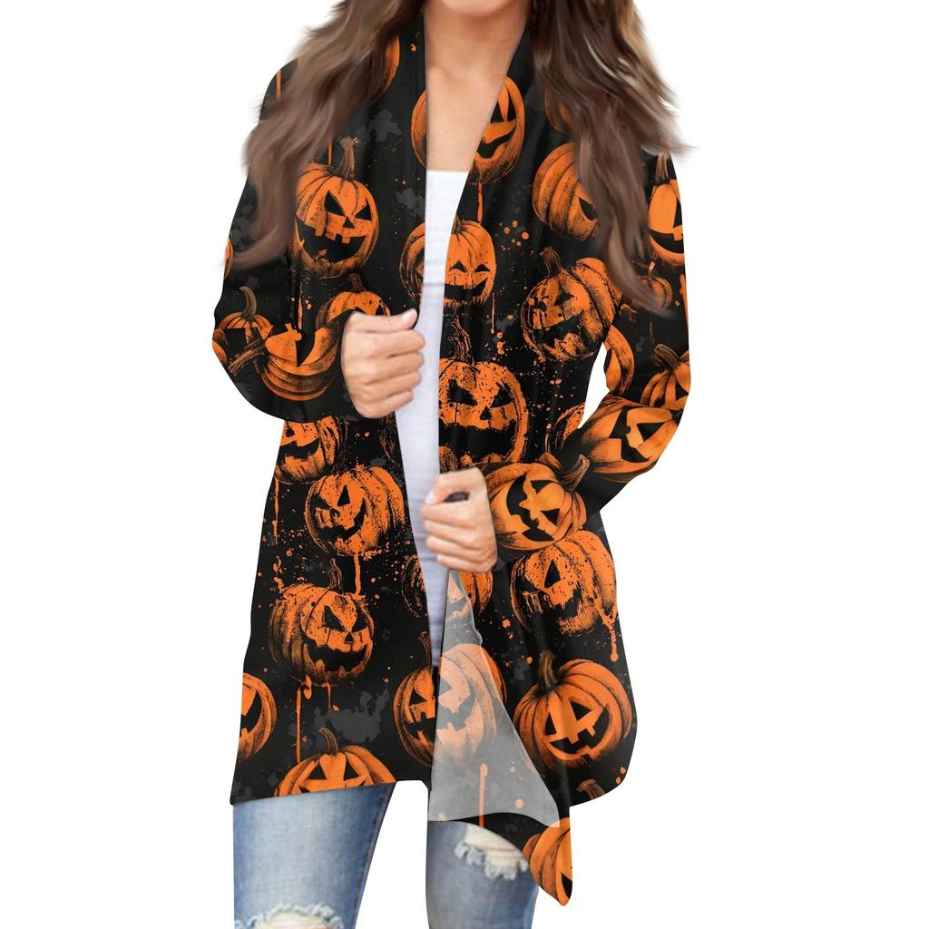 Women's Halloween Print Long Sleeve Front Cardigan Printed Top Lightweight Jacket