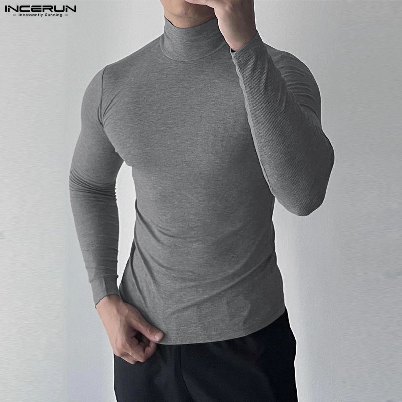 INCERUN S-5XL Men Long Sleeve Ribbed Fitted Pullover Tops Autumn Spring Undershirts