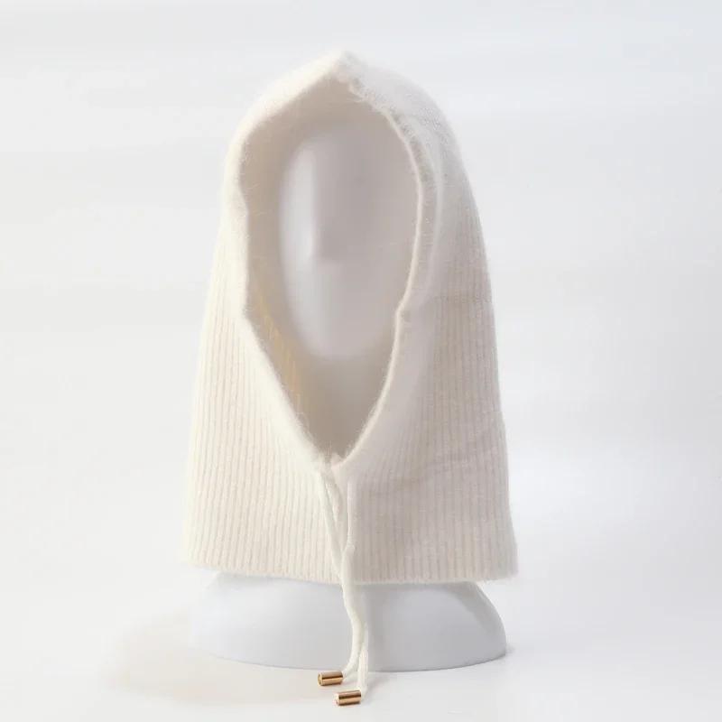 Rabbit Fur Knitted Scarf Hood Hat Women Beanies Warm Winter Unisex  Balaclava Skiing Outdoor Bonnet Thick Earflap Hat