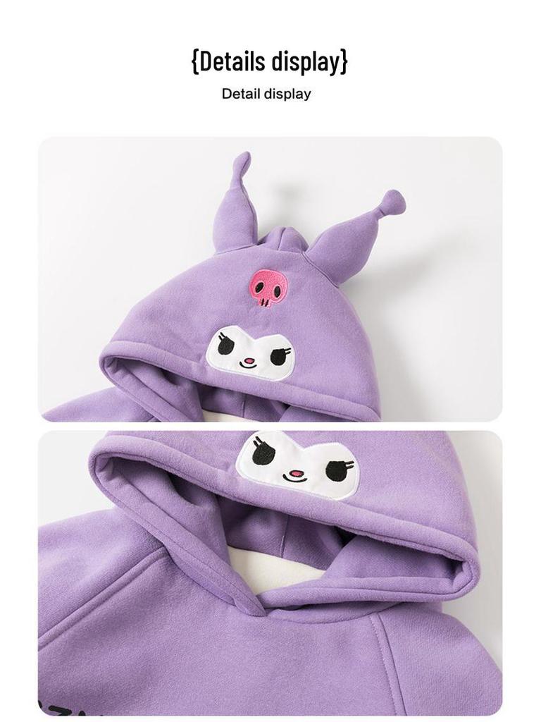 Korean-Style Velvet Hoodie & Pleated Skirt Set for Girls - Autumn/Winter Cartoon Design