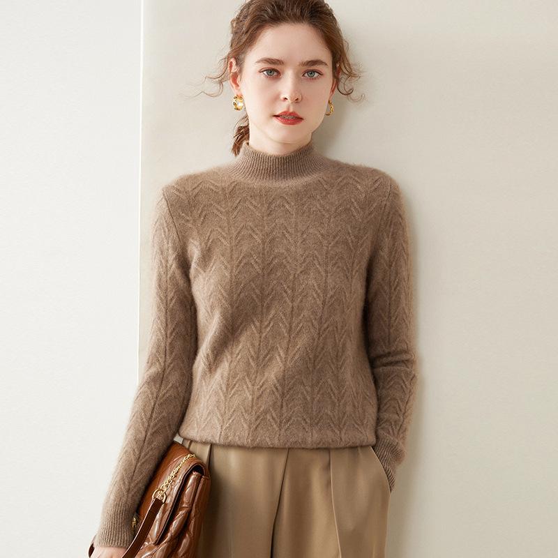 Women's 2025 Double-strand Thick Branch Pattern Half-high Collar Cashmere Wool Knit Sweater