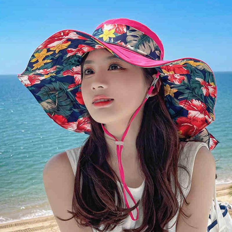 Women's Extra Wide Brim Beach Sun Hat, Summer Fashion Printed Ribbon Sun Cap, UV Protection Foldable Breathable hat