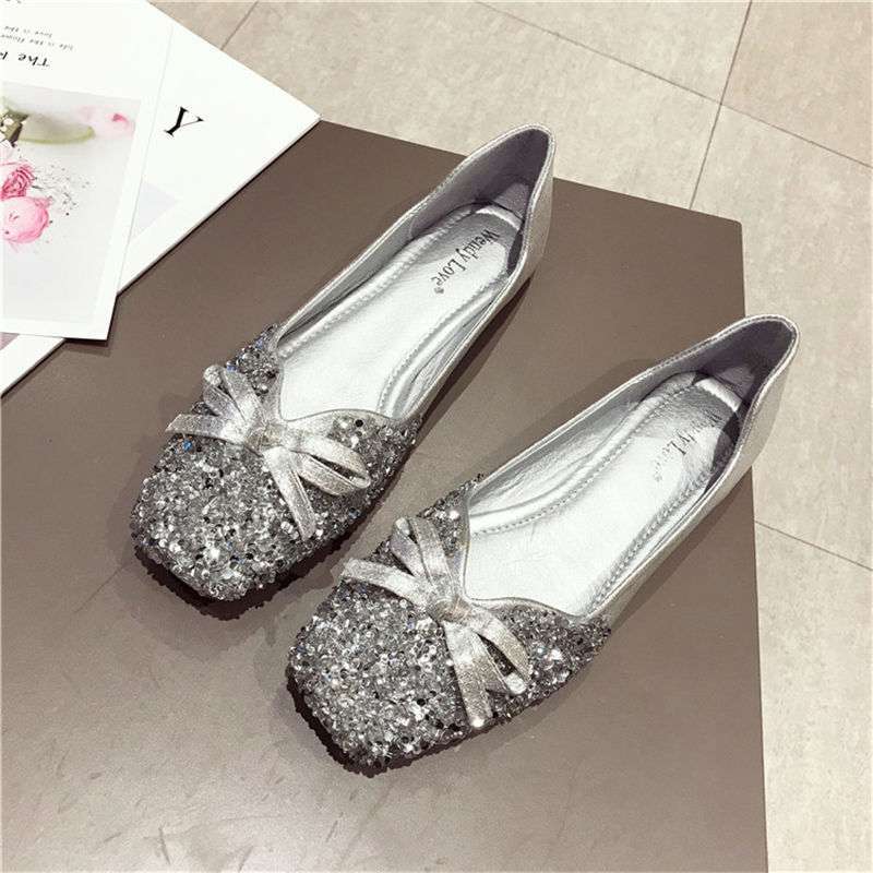 2025 spring new wedding shoes toasting shoes Korean version sequined red four-season single shoes square head large size women's shoes flat shoes