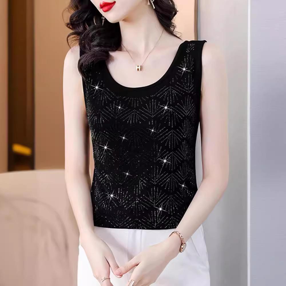 Temperament Diamond-encrusted Black High-elastic Sling Vest for Women's Inner Wear 2025 New Suit Backing Sleeveless Outer Wear Top Summer