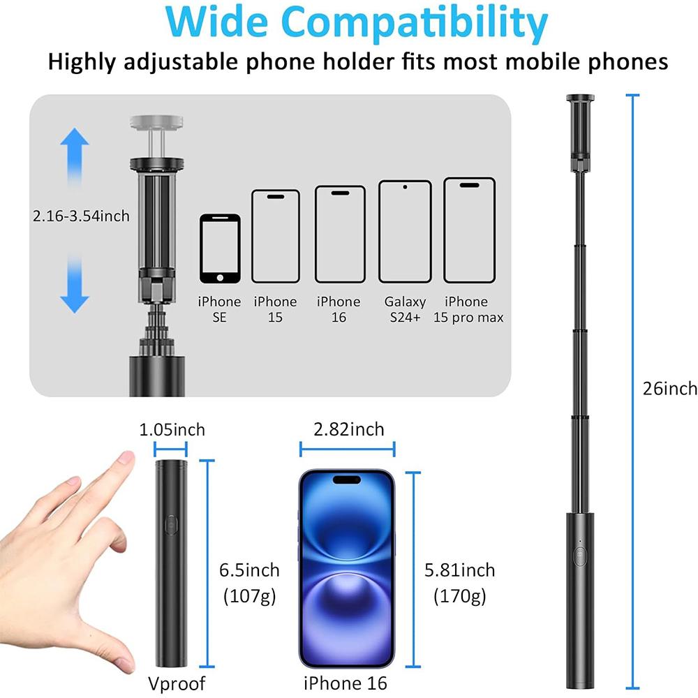 Lightweight Mini Aluminum Alloy Selfie Stick with Bluetooth Remote Extendable Stand for iPhone Mobile Phone Video LiveStreaming