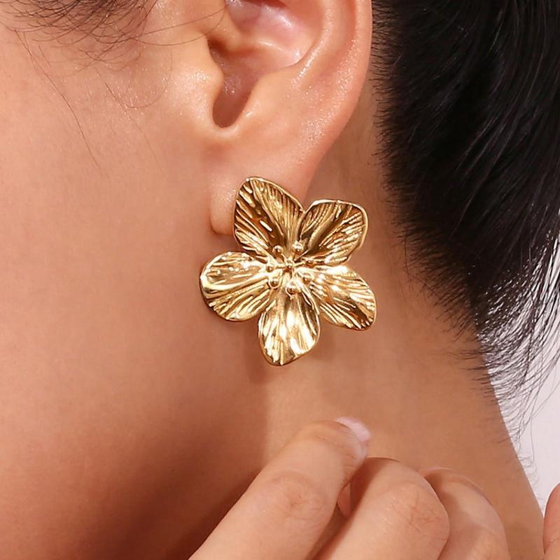 Goldene Edelstahl Damenohrringe mit Blume & fünfblättrigem Kleeblatt, geeignet für Geschenk, Party und Teambuilding Valentinstag