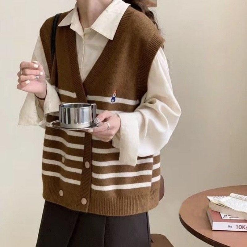 V-neck Double Breasted Heavy Work Embroidery Sweater Vest Spring and Autumn Stacked Color Matching Striped Vest Cardigan Female
