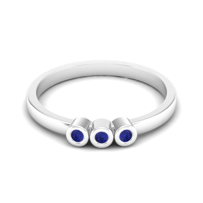 Tiny Round Shape Lapis Gemstone 925 Sterling Silver Three Stone Minimalist Women Engagement Ring
