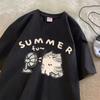 T-shirt Creativa Americana Street con Ventola Soffiante Gatto in Puro Cotone per Uomo Donna Estate Relax Manica Corta Coppia Indossare Harajuku Top T-shirt