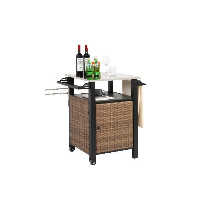 Chariot de bar à une porte,adapté aux cuisines extérieures,avec plateau d'extension et roulettes en acier inoxydable, couleur marron