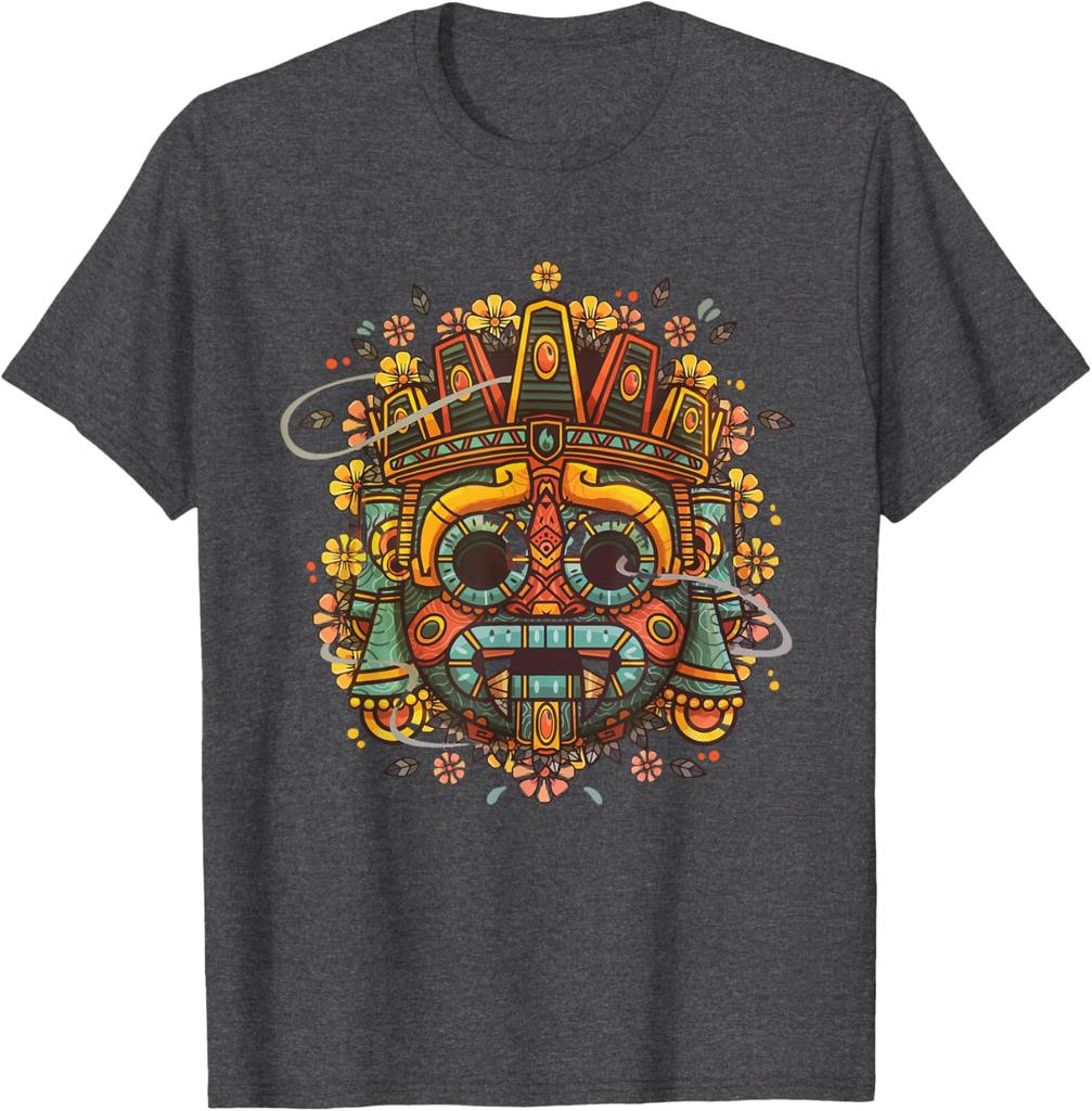 T-shirt Colorata Maschera Maya Azteca Uomo Casual Traspirante Grafica Maglietta Viaggio