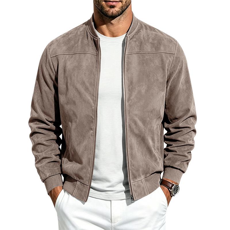 Men Faux Suede Bomber Jacket Zip‑Up Baseball Collar Casual Long Sleeve Outerwear Lightweight Fall Pilot Coat