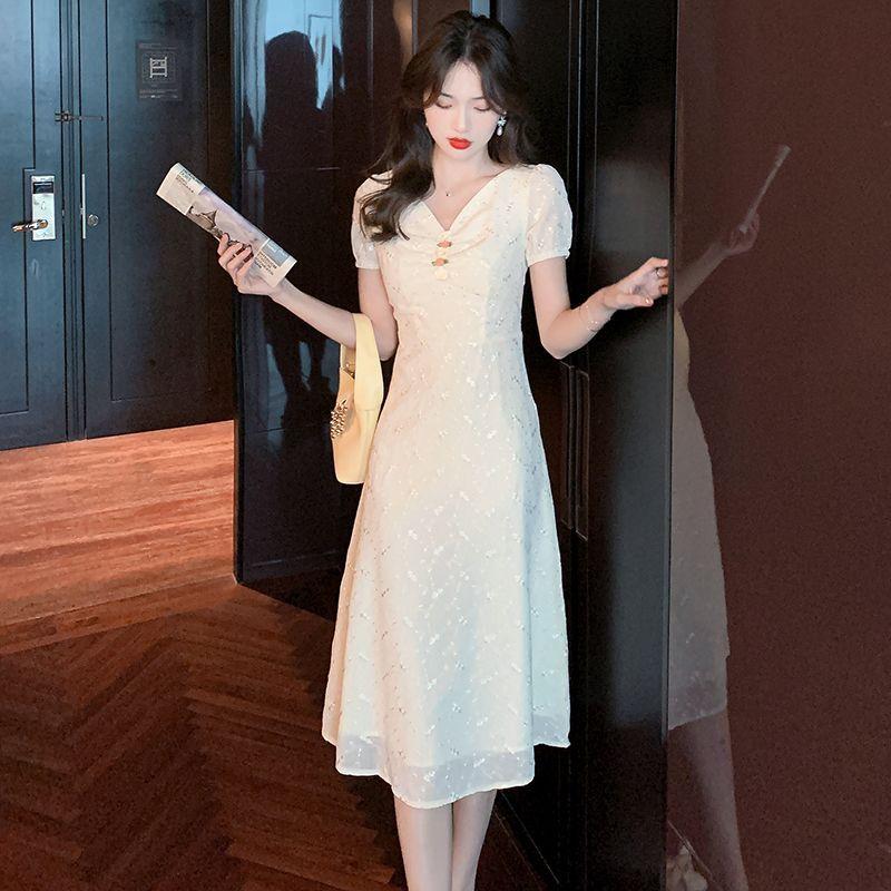 Summer Sweet Slimming Knee-Length Chiffon Long Dress Temperament Waist-Cinching V-Neck Fairy-like Flowy Dress