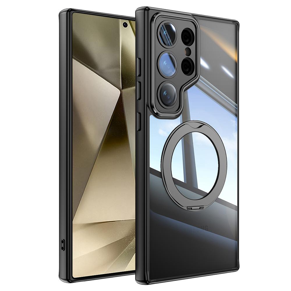 

For Samsung Galaxy S23 Ultra Case Rotatable Magnetic Kickstand TPU+PC Phone Cover with Lens Film Black