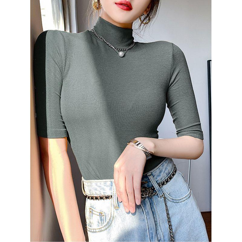 Magic Queen Thread Half Sleeve T-shirt Women Spring and Summer Half Sleeve Turtleneck Shirt Inner wear Slim fit Top T-Shirt