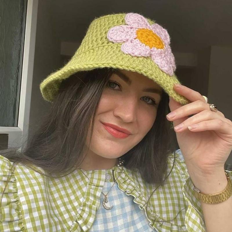 Popular Crochet Flower Fisherman Hat for Adult Female Handmade Knitted Skull Hat InsStyle Hat Girl Casual Bucket Hat