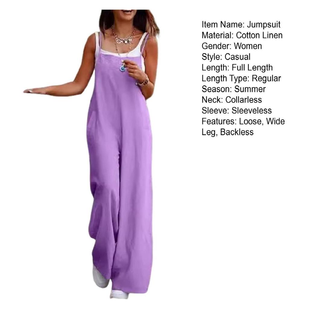 Yousheng Lady Jumpsuit Collarless Spaghetti Strap Backless Sleeveless Loose Wide Leg Full Length Overalls Casual Daily Wear Outfit