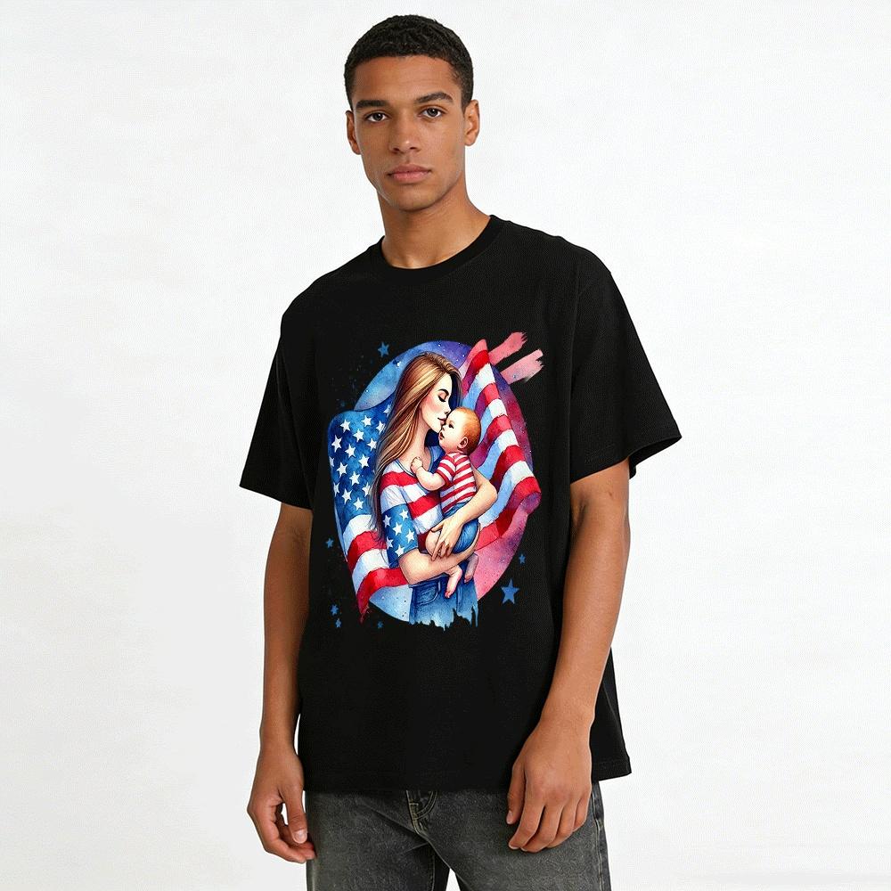 Patriotic Mom And Baby Print Casual T-Shirt USA Themed Top Pure Cotton T-shirt