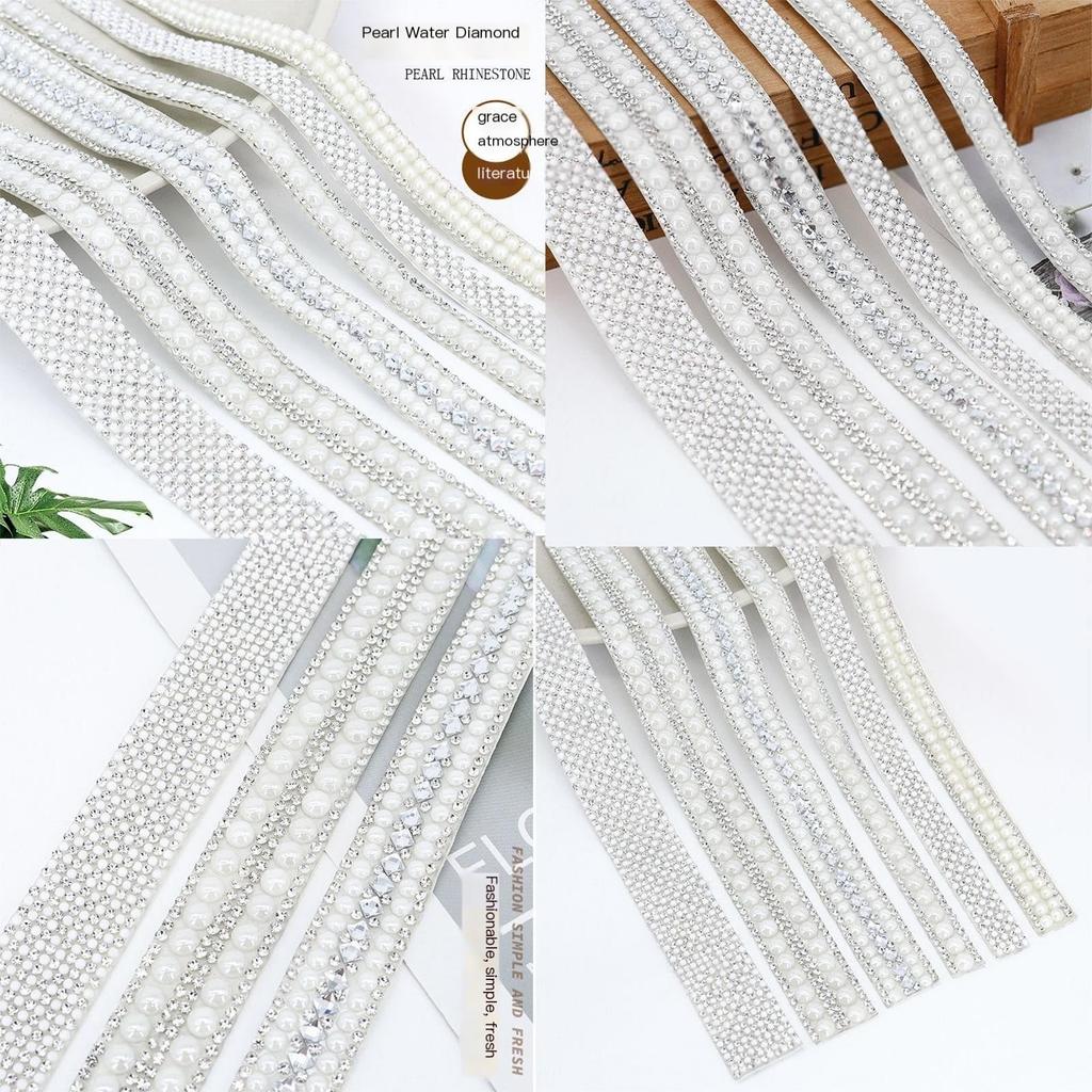 6 Rolls Resin Pearl Rhinestone Ribbon, Self Adhesive Crystal Ribbon Stickers Crystal Pearl Strips Diamond Ribbon for DIY Decors
