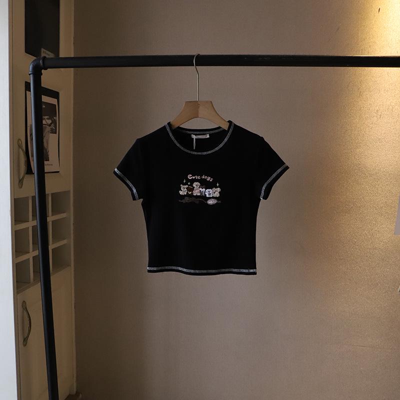 2025 Korean Style Cartoon Embroidered Slim Fit Cute Short Sleeve T-Shirt for Women