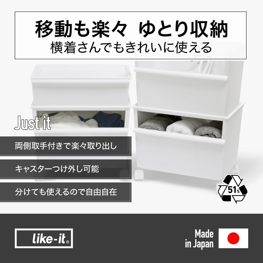 Like-it Storage Box, Small Item Storage, Retort Food Storage Case, Container, Wide, Deep Type x 2 Set (with Casters), White, Approx. W38.8 x D26.8 x H