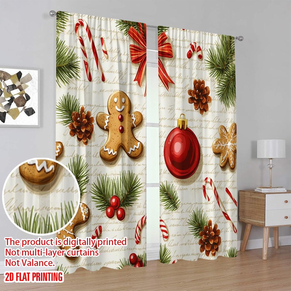 2pcs,2D Plane Printing Light Filtering Curtains Christmas Baubles Gingerbread Holiday Festive 100% Polyester (without Rod)