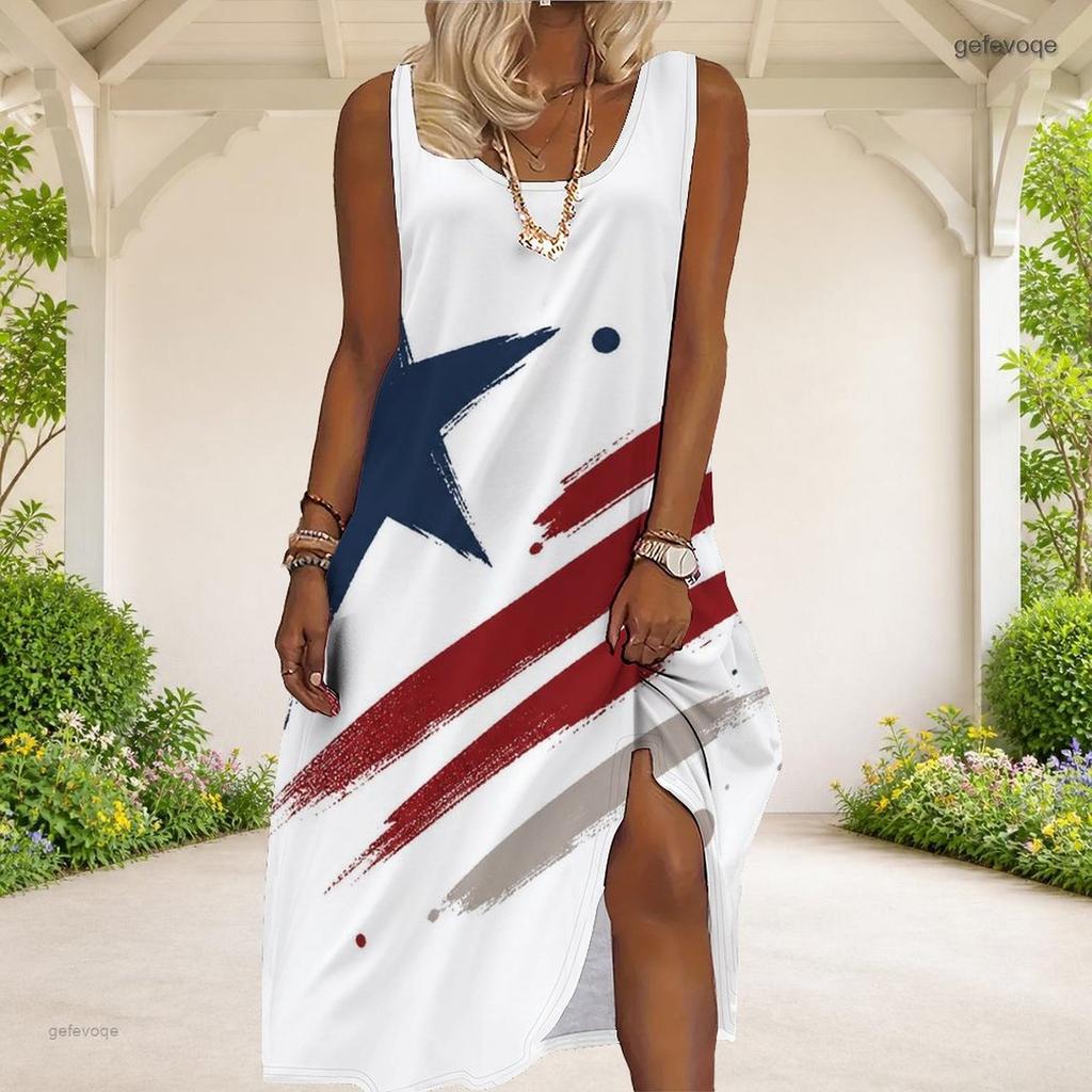 Women Plus Size Sleeveless Scoop Neck Eagle Star Print A Line Long Maxi Dress