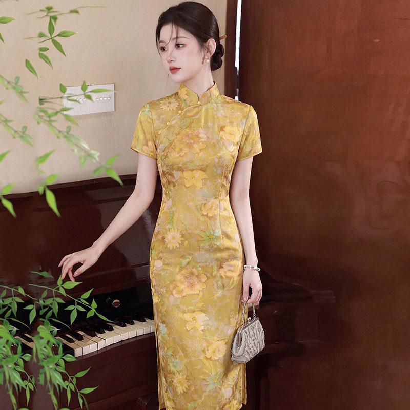 Yellow send test national style new Chinese style Suzhou long cheongsam improved young 1011 new women's high sense summer