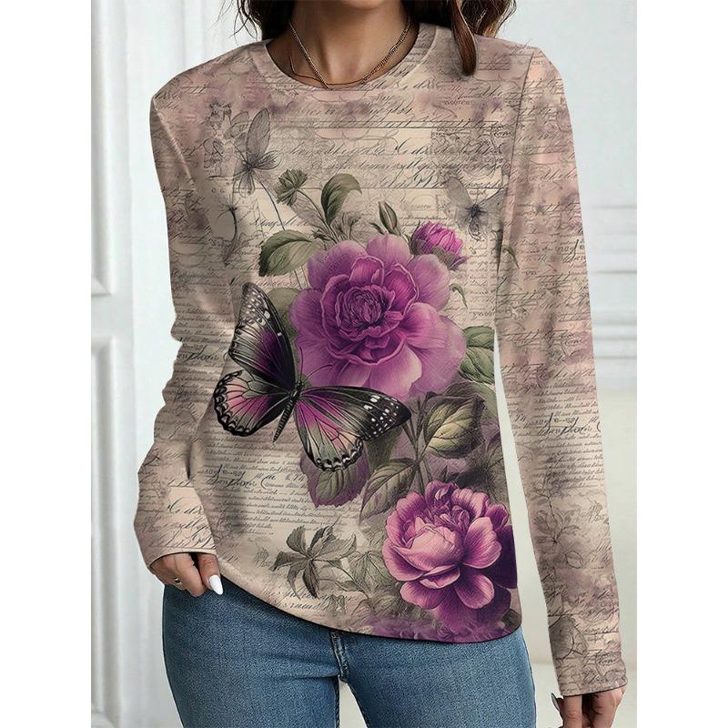 New Autumn Women's Long-Sleeved T-Shirt Casual T-Shirt Top T-Shirt Vintage Floral Pattern OverSize Women's Clothing