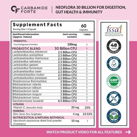 Carbamide Forte Probiotics Supplement 30 Billion for Women & Men - 60 Veg Capsules (Pack of 2)