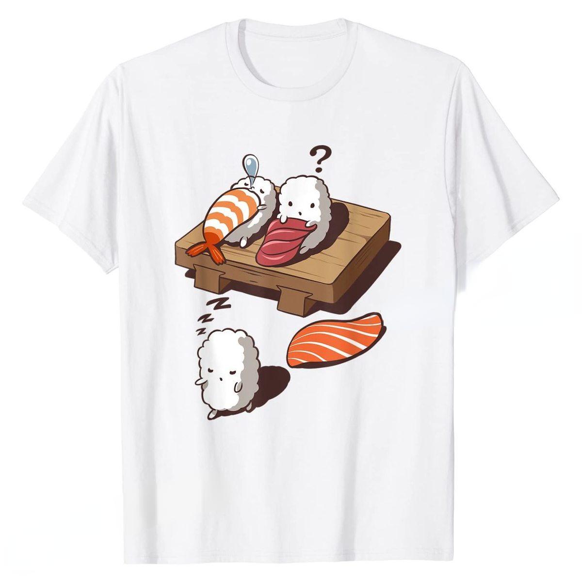 

Funny Japanese Nigiri Sushi Sleepwalking Tee Men Women Short-sleev Fashion Graphic Tshirts Harajuku Casual Streetwear Tops 4XL