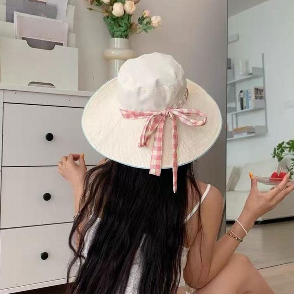 Plaid Fisherman's Hat Dual-Style Reversible Wear Wide Brim Sun Hats With Chin Strap Cute Pastel Plaid Beach Hat For Outdoor Trav