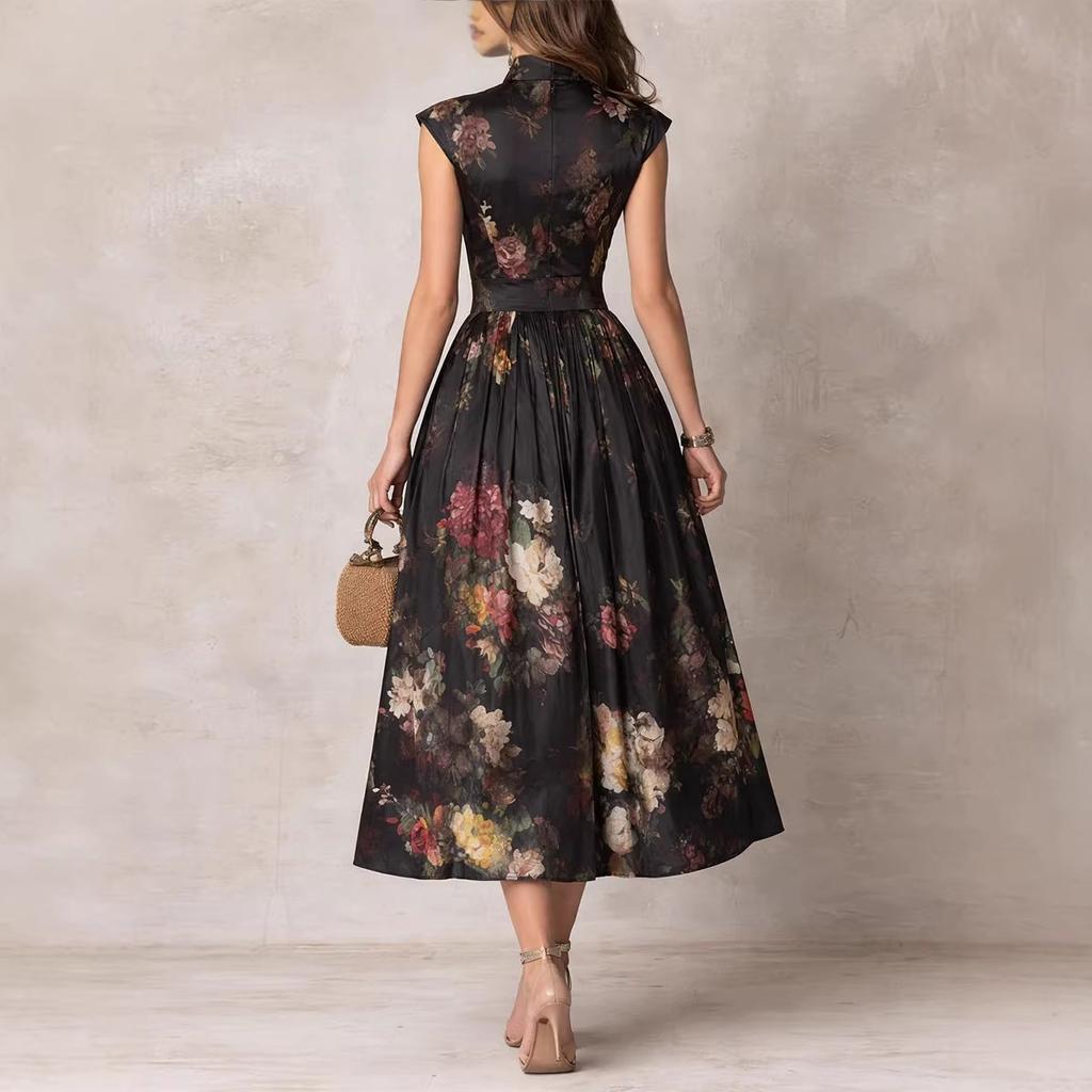 Black Floral Print Sleeveless Cheongsam Dress with High Collar and Side Slit