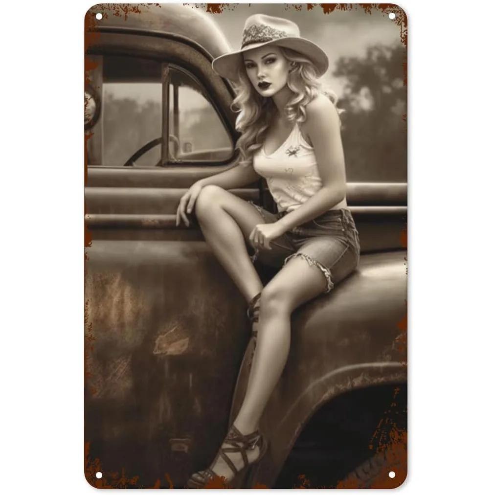 Vintage Pinup Girl Fast & Sexy Girls Classic Car Automobile Metal Tin Sings For Man Cave Garage Bar Cafe Clubs Car Decor Posters