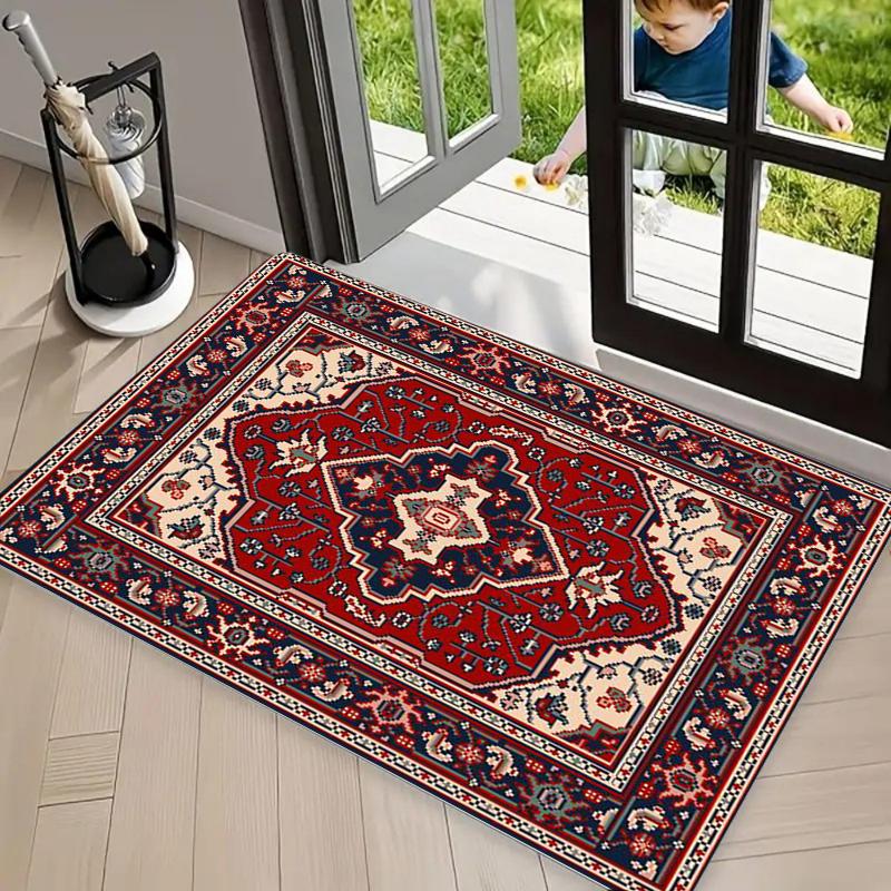 Tappetino d'ingresso tradizionale con medaglione orientale, Tappetino da pavimento con bordo floreale rosso per ingresso, bagno, Tappeto decorativo per la casa persiano vintage